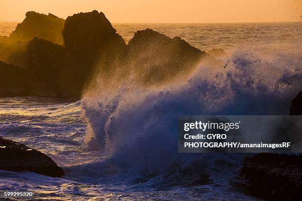 waves crashing on rocks, echizen-machi, fukui prefecture, japan - echizen stock pictures, royalty-free photos & images