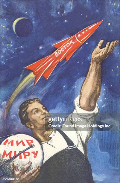 Vintage illustration of a young Soviet worker with Sputnik, a rocket ship, the Moon, and stars ‘Boctok’, 1960s.