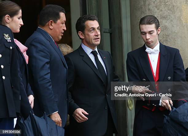 French President Nicolas Sarkozy welcomes Venezuelan President Hugo Chavez at the Elysee Palace.