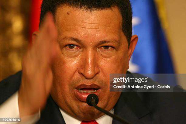 Venezuelan President Hugo Chavez gives a press conference during his visit in Paris. Chavez said Colombian rebels have pledged to provide proof by...