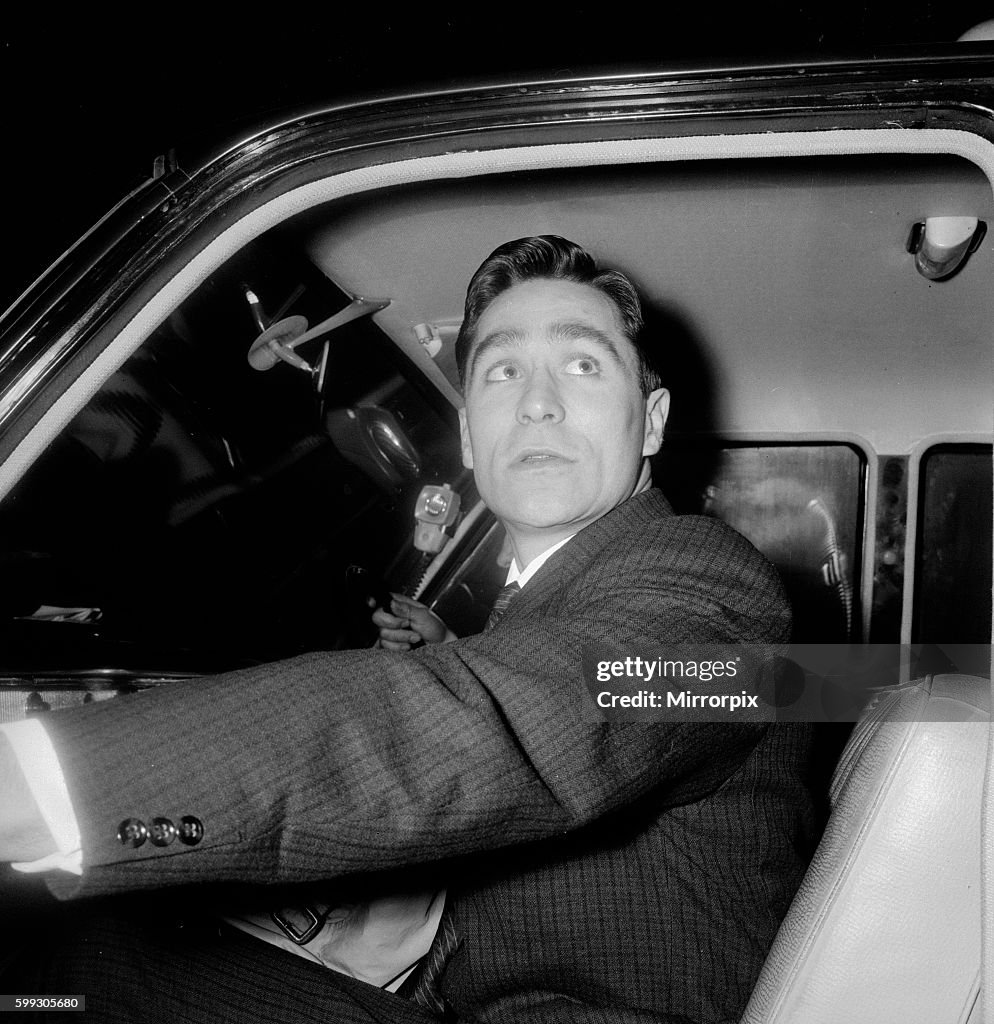 British gangster Dennis Stafford gets into a taxi shortly after his release from Armley Jail March 1964 S2785-1