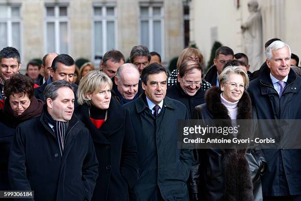 French ministers in the courtyard of the Elysee Palace for the first weekly cabinet meeting of the year. Xavier Bertrand, Nadine Morano, Francois...