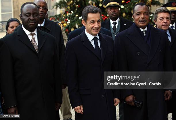 Central African President Francois Bozize, President Nicolas Sarkozy, Congolese President Denis Sassou-Nguesso at the end of a meeting between...