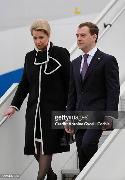 Russian President Dmitry Medvedev arrives with his wife First Lady Svetlana Medvedeva at Orly Airport, Paris suburb, France, 01 March 2010. President...