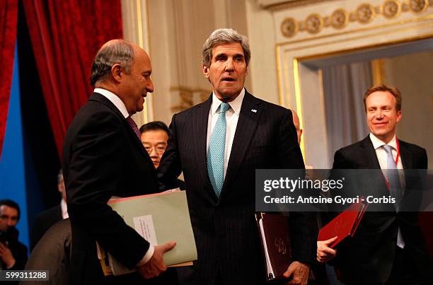 French Foreign minister, Laurent Fabius looks to the media as he arrives for a meeting on the Ukraine crisis on March 5, 2014. In Paris, France.Top...