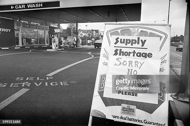 Fuel Shortages and Fuel Rationing Signs, Bearwood, Birmingham, Tuesday 4th December 1973. Supply Shortage. Sorry No Petrol.