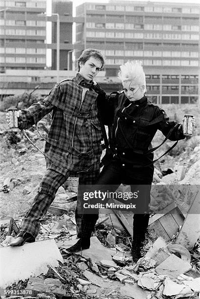 Pamela Rooke , aka Jordan, and Simon Barker, aka Six, modelling bondage gear from the Seditionaries boutique on King's Road, London, 18th May 1977....