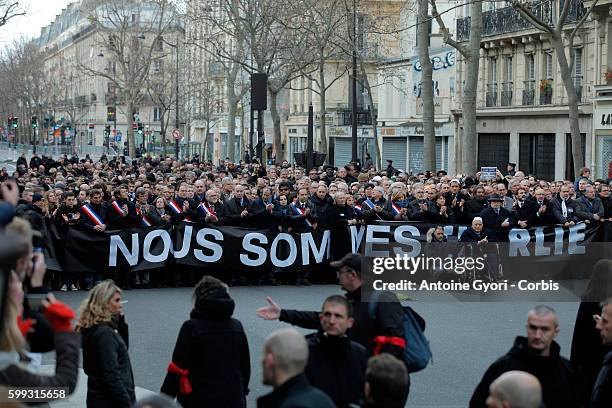 Unity rally "Marche Republicaine" on January 11, 2015 in Paris in tribute to the 17 victims of the three-day killing spree. The killings began on...