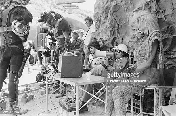 American singer and actress Tina Turner on the set of the 1985 movie Mad Max Beyond Thunderdome, directed by George Miller and George Ogilvie.