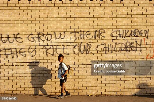Young, Black boy in Johannesburg walks past a wall covered with graffiti reading, "We Grow Their Children, They Kill Our Children." The slogan was...