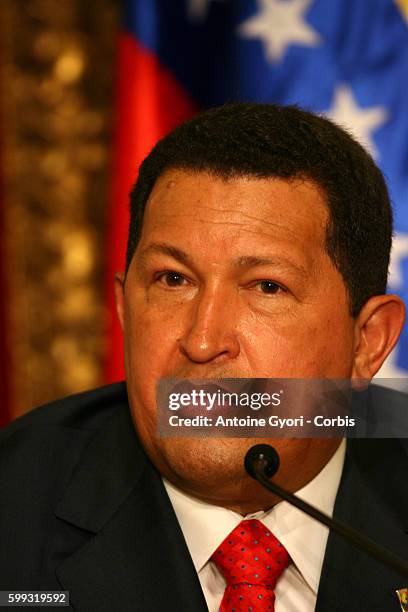 Venezuelan President Hugo Chavez gives a press conference during his visit in Paris. Chavez said Colombian rebels have pledged to provide proof by...