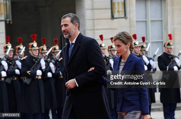 King Felipe and Queen Letizia of Spain are attending a meeting with French President François Hollande at the Elysée Palace