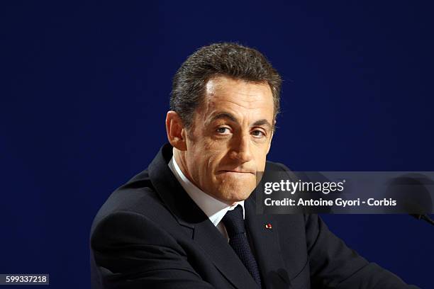 French President Nicolas Sarkozy delivers a New Year's speech during a press conference attended by 600 journalists from 45 countries at the Elysee...