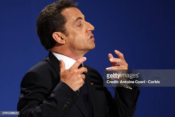 French President Nicolas Sarkozy delivers a New Year's speech during a press conference attended by 600 journalists from 45 countries at the Elysee...