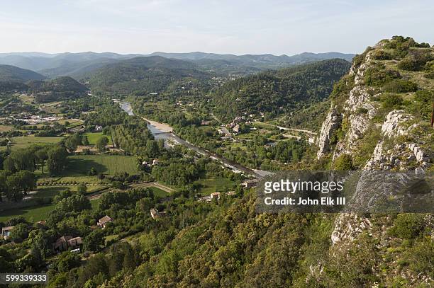 anduze, landscape from hill above town - gard stock-fotos und bilder