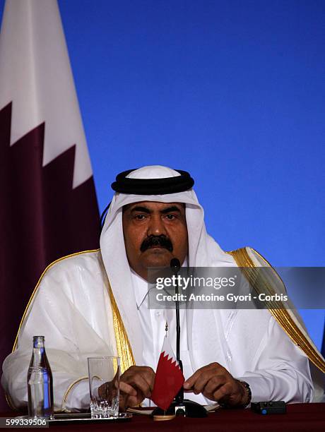Qatari Emir Sheikh Hamad Ben Khalifa Al Thani delivers a joint press conference with President Nicolas Sarkozy, Lebanon's President Michel Suleiman...