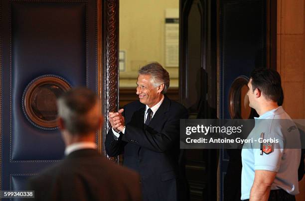 Former French Prime Minister Dominique de Villepin arrives at the Palais de Justice in Paris for trial in what has been dubbed the "Clearstream...