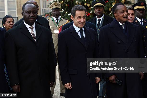Central African President Francois Bozize, President Nicolas Sarkozy, Congolese President Denis Sassou-Nguesso at the end of a meeting between the...