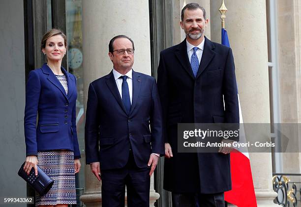 King Felipe and Queen Letizia of Spain are attending a meeting with French President François Hollande at the Elysée Palace