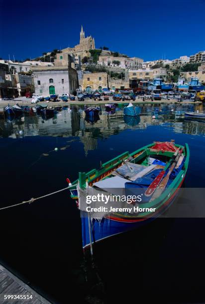fishing boat in mgarr harbor - mgarr harbour stock pictures, royalty-free photos & images