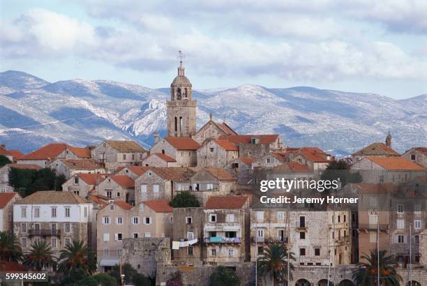 korcula and cathedral tower - korcula island stock pictures, royalty-free photos & images