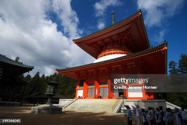 pilgrims visiting danjo garan complex - koya san stock pictures, royalty-free photos & images