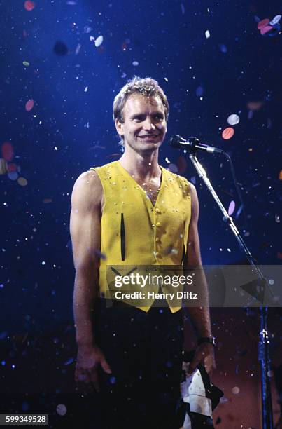 Confetti drops on singer-songwriter Sting at the Hollywood Bowl on his 40th Birthday. Sting achieved popularity with The Police in the early eighties...