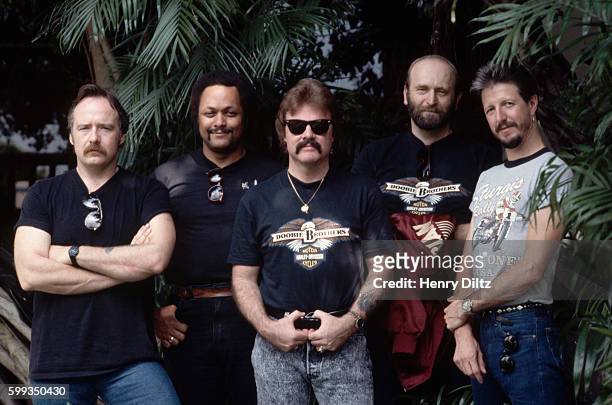 Group portrait for a Doobie Brothers album cover. The early 1970s California rock band