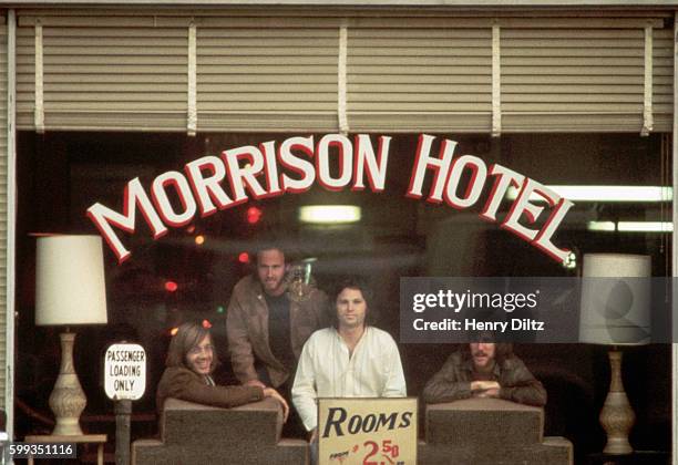 Rock band the Doors inside the Morrison Hotel during the photo shoot for the album cover of the same name. The Doors are: keyboardist Ray Manzarek,...