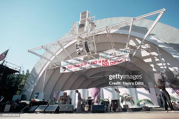 Folk-rockers Crosby and Nash rehearse on the stage of the No Nukes Concert in the Hollywood Bowl. Crosby, Stills, and Nash were formed as a...