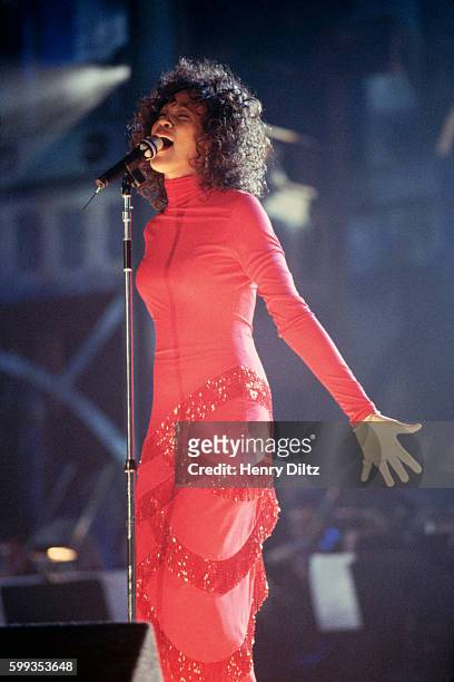 Singer Whitney Houston performs at the 1993 Billboard Awards at the Universal Amphitheatre on December 8, 1993 in Universal City, California.