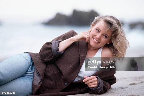 Belinda Carlisle films a MTV spot for RAD, Rock Against Drugs, at Leo Carillo Beach in Malibu, California.