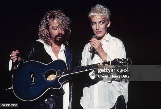 Annie Lennox and Dave Stewart perform during an Eurythmics concert at the Greek Theater.