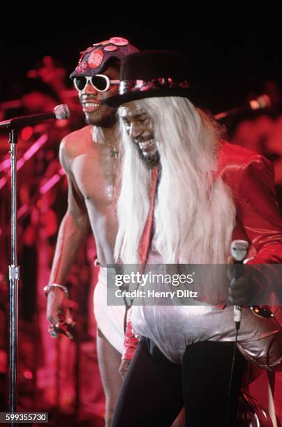 Funk leader George Clinton performs at "The World's Greatest Funk Festival" in a diaper and long blond wig.