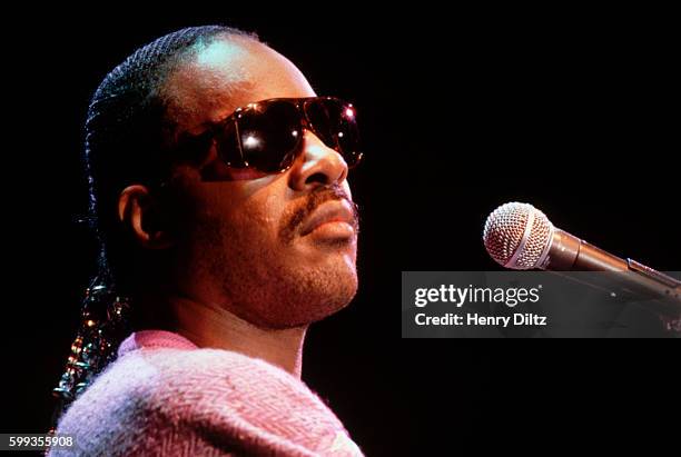 Stevie Wonder sings at a veterans benefit concert at Los Angeles' Shrine Civic Auditorium.