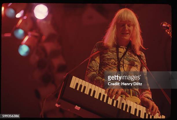 Edgar Winter plays electric keyboard at a CBS Records convention at San Francisco's Fairmont Hotel.