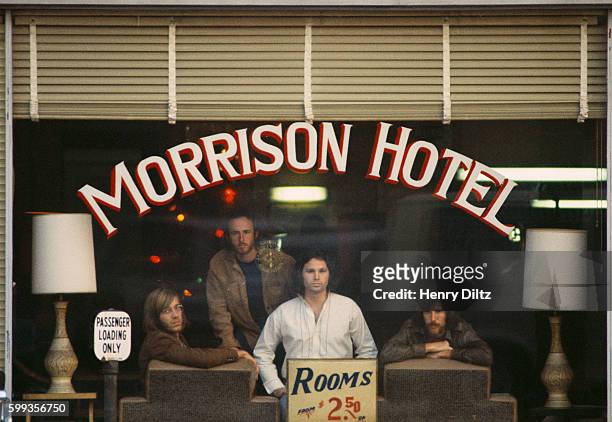 Rock band the Doors inside the Morrison Hotel for the Morrison Hotel album cover photo shoot. The Doors are : keyboardist Ray Manzarek, guitarist...
