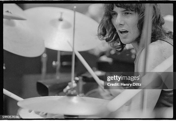 Drummer Aynsley Dunbar plays during a rehearsal with Frank Zappa and the Mothers.