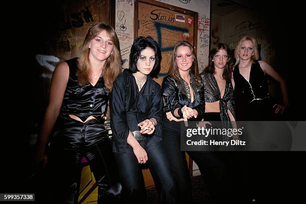 The Runaways are preparing to perform at the Whisky a Go Go in West Hollywood. Left to right are, Sandy West, Joan Jet, Lita Ford, Jackie Fox, and...