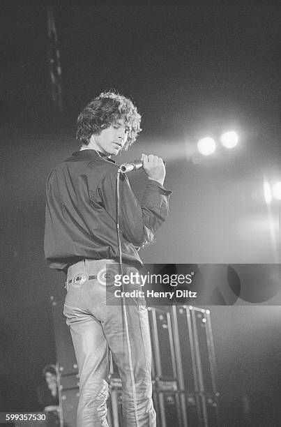 Singer and poet Jim Morrison, of the rock band the Doors, performing at the Hollywood Bowl in Los Angeles, California.