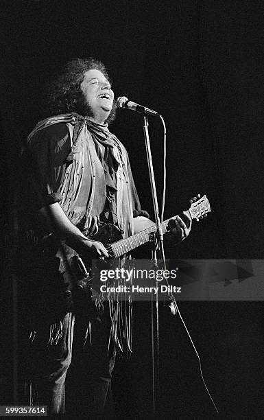 Leslie West of Mountain performs at the free Woodstock Music and Art Fair. The festival took place on Max Yasgur's dairy farm, which he rented to...