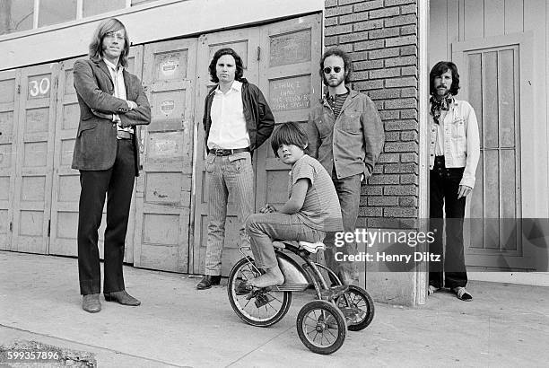 The band members of The Doors from left to right: Ray Manzarek, Jim Morrison, Robbie Krieger, and John Densmore, circa 1970.