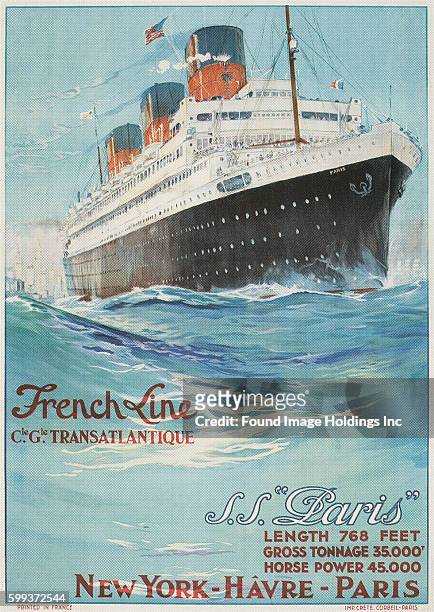 Vintage illustration of an ocean liner sailing the sea ‘French Line, S.S. Paris’ 1920s.