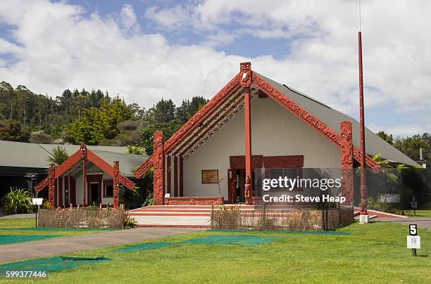 maori meeting house at te puia maori centre near rotorua, new zealand - ontmoetingshuis stockfoto's en -beelden