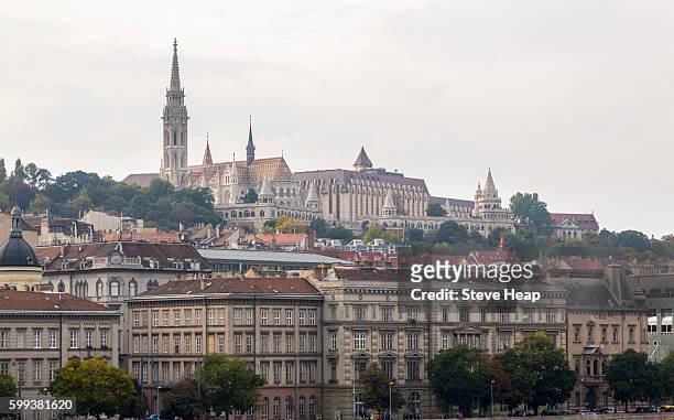 view over city to mattias cathedral in buda, budapest, hungary - royal palace budapest stock pictures, royalty-free photos & images