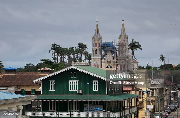 view over the rooftops of city towards the spanish colonial cathedreal church in malabo, equatorial guinea - equatorial guinea stockfoto's en -beelden