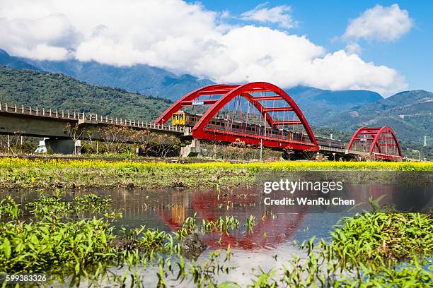 train across a m-type red bridge on the lush paddy fields - tainan stock pictures, royalty-free photos & images