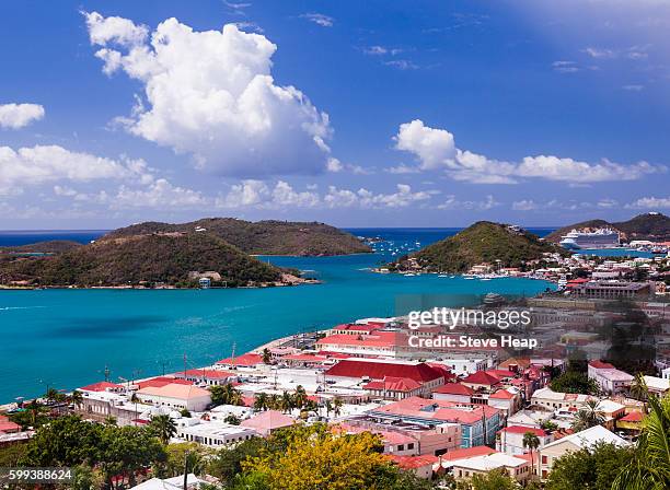 view over harbor and red roofs of warehouses and shops in of charlotte amalie in st thomas, us virgin islands, usa - charlotte amalie stock pictures, royalty-free photos & images