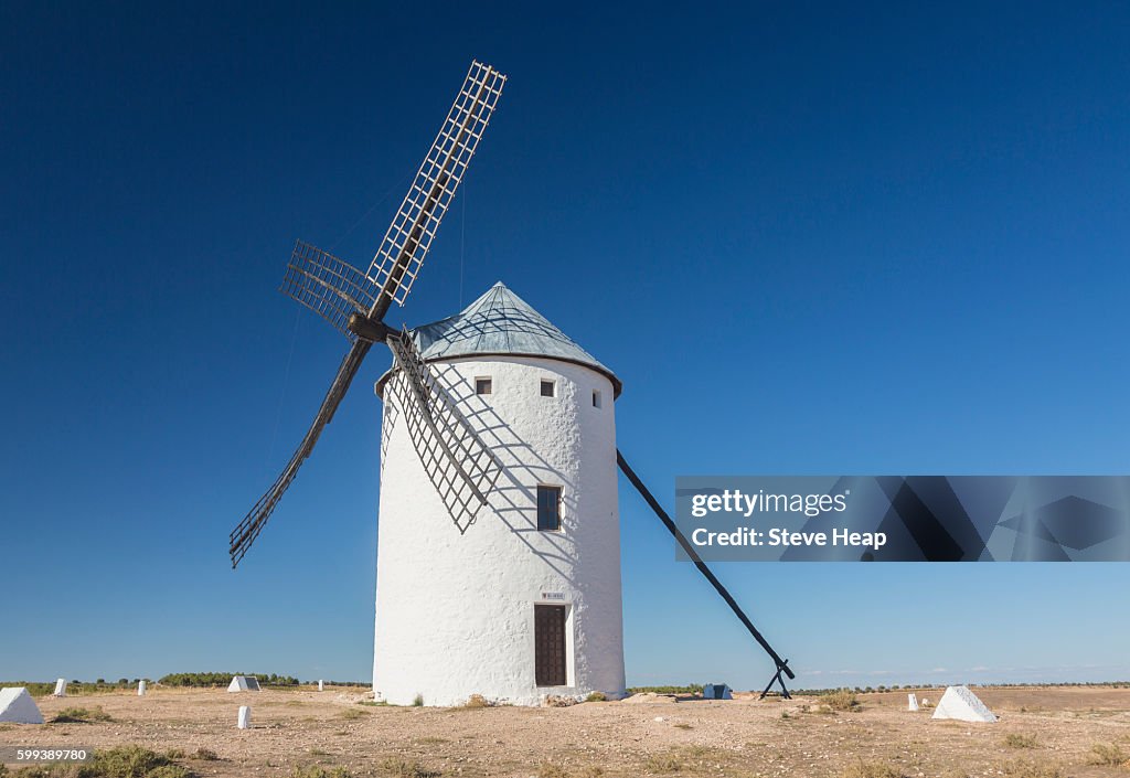 Preserved historic windmills on plain above Campo de Criptana in Castilla-La Mancha, Spain