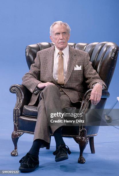 Actor Vincent Price sits as he does while hosting PBS's "Mystery Theater." Price was known for his acting roles in the mystery and horror genre.